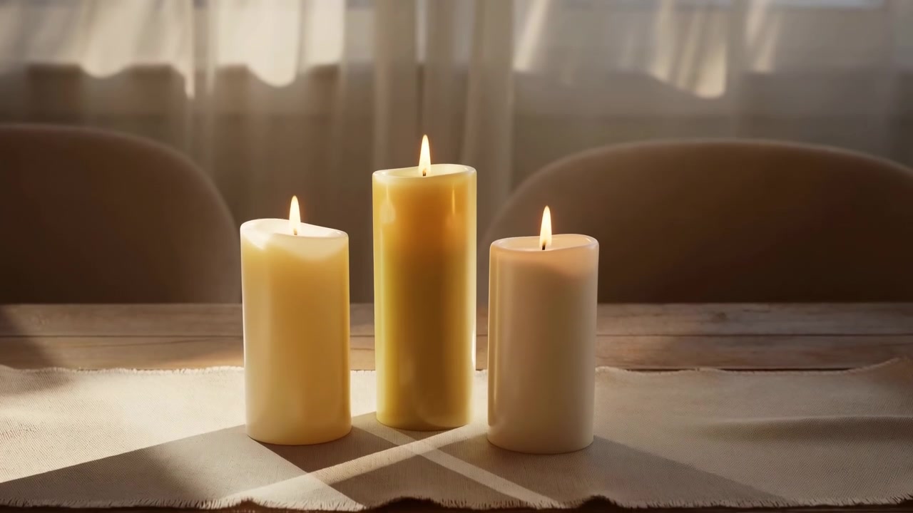Tre candele a colonna accese su una tovaglietta di stoffa sopra un tavolo di legno, riprese da un punto di vista frontale leggermente basso con luce diurna soffusa che filtra attraverso una finestra.