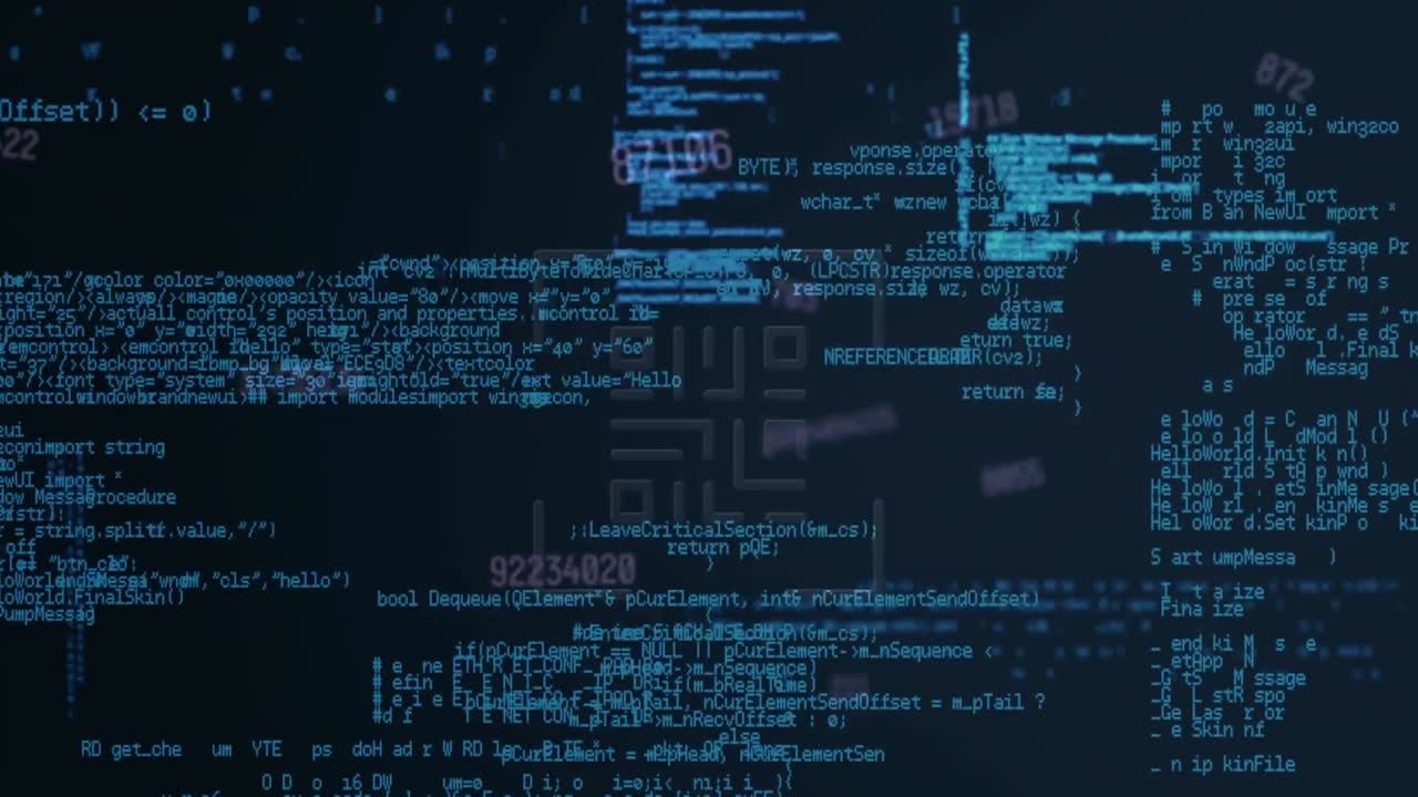 Animation of qr code over text and data processing on black background