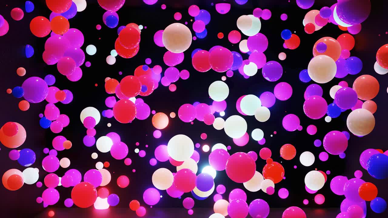 무작위로 빛나고 서로 반사되는 공중의 다채로운 공의 추상적인 구성, 빛의 효과와 함께 간단한 기하학적 어두운 배경으로 공중에서 다채로운 구.