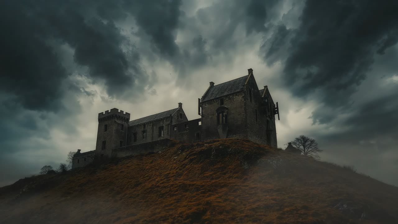 Tilting camera revealing stone castle on misty hillside under storm clouds with solitary bare tree