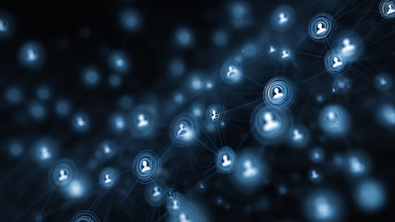 A Dynamic Network Visualization Representing Connections Among Digital Identities in a Richly Detailed and Abstract Background of Blue Hues Against a Dark Canvas