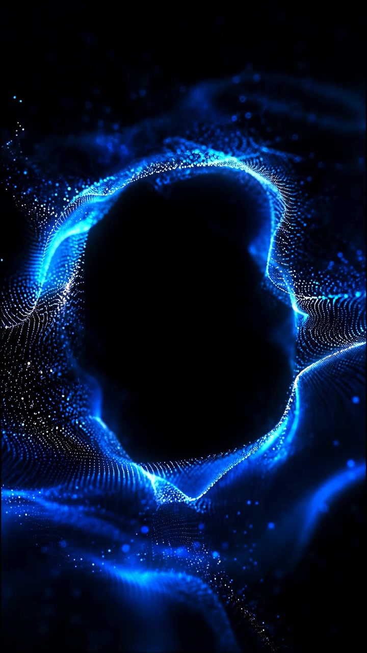 Electric blue particle waves surround dark void, creating layered curving mesh with neon rim light, dense glow, fine granules, strong contrast, deep depth, and mysterious futuristic energy for
