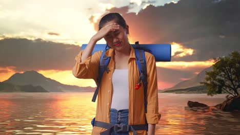 excursionista femenina asiática con mochila de montañismo que tiene dolor de cabeza mientras está de pie en un lago durante el atardecer