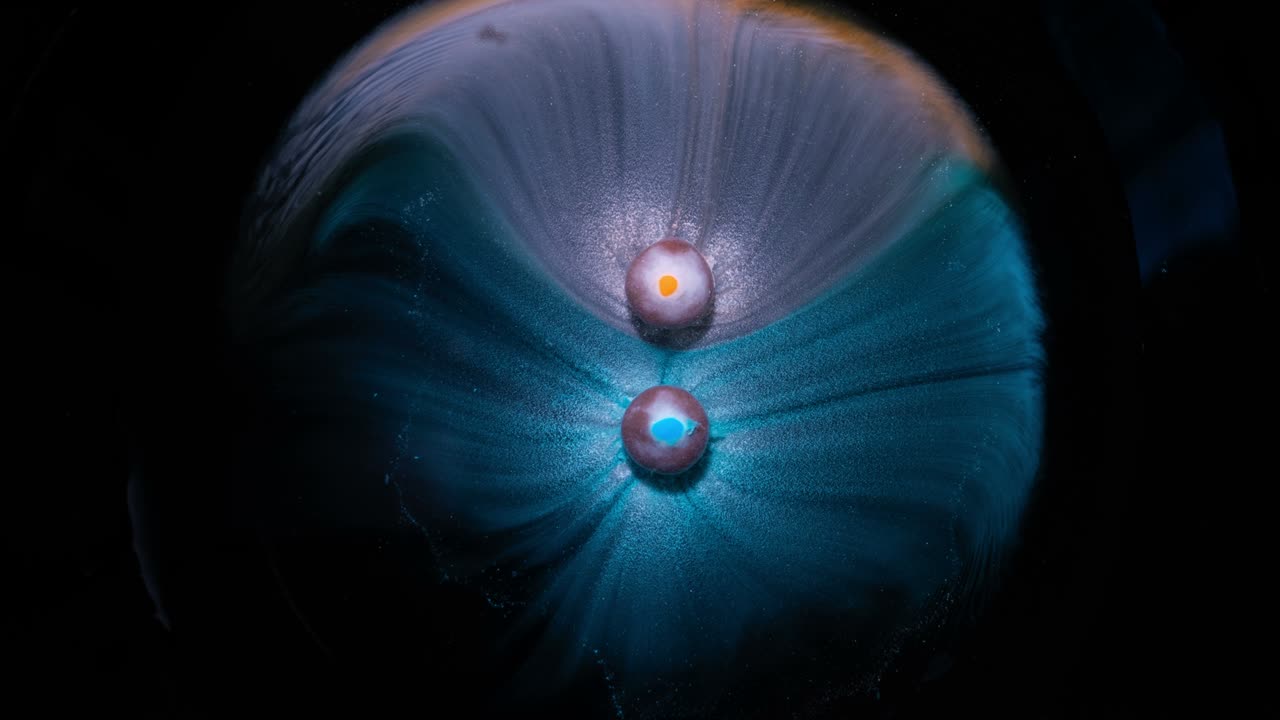 dulces azules y naranjas se disuelven en agua, macro, lapso de tiempo, 4k