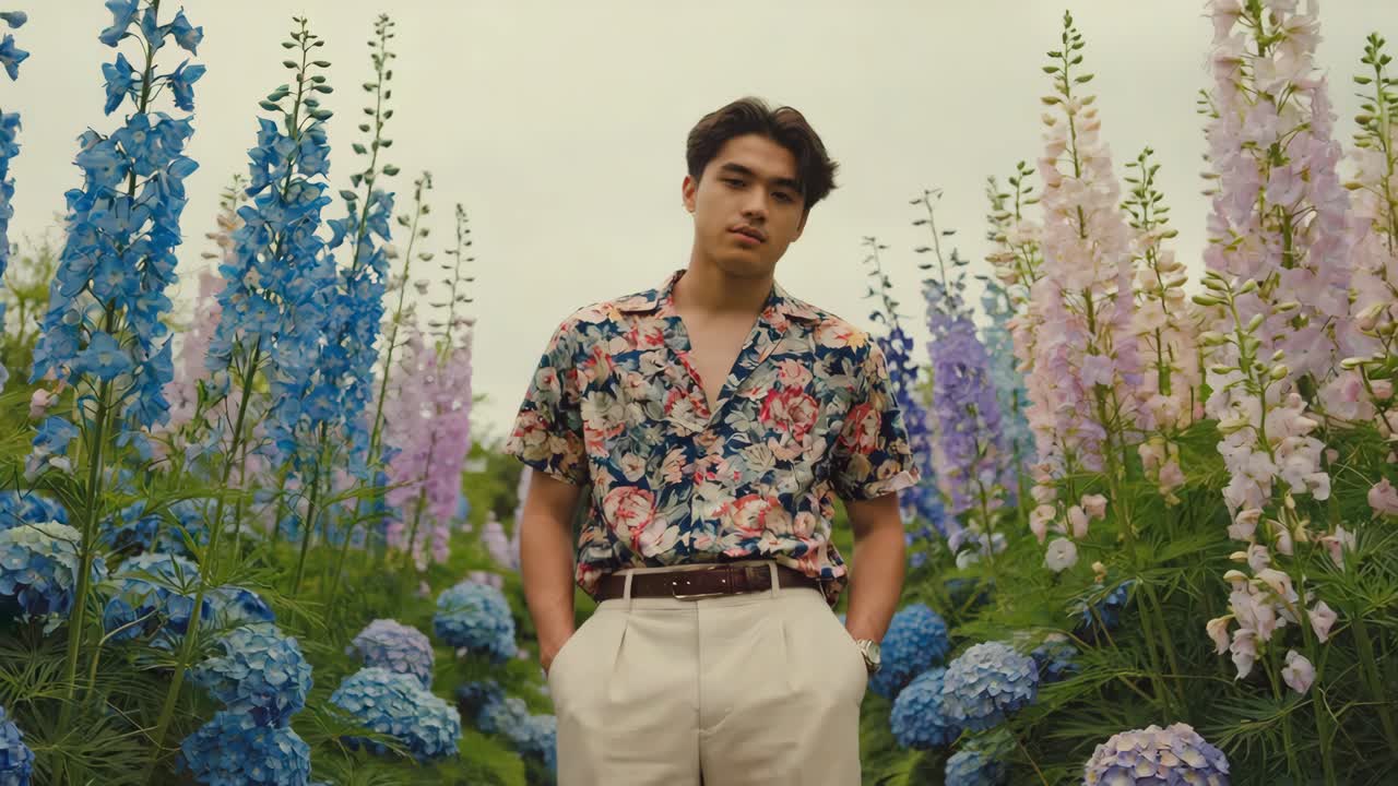 Man in Floral Shirt in Flower Field