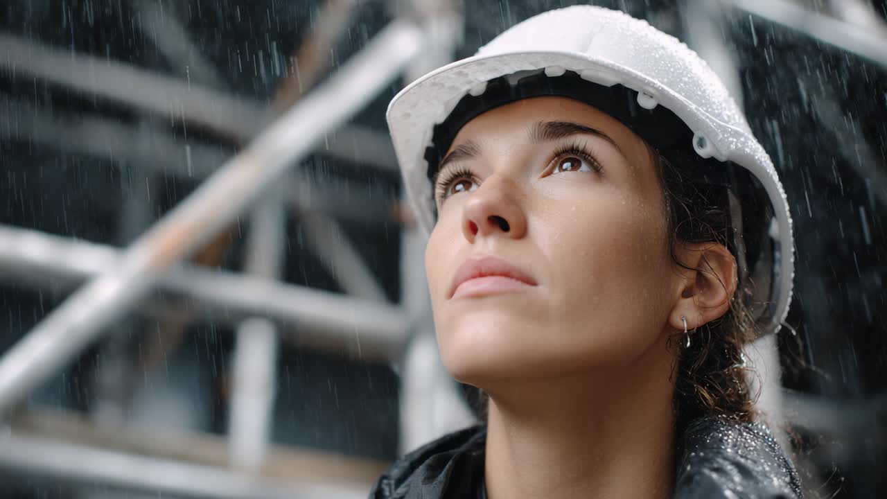 Woman in Hardhat in the Rain