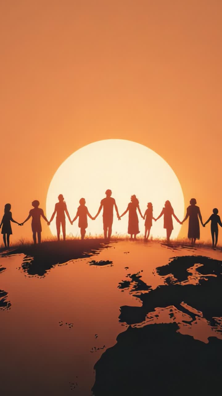 A Unified Human Connection: Silhouetted Figures Holding Hands at Sunset Over Earth, Symbolizing Togetherness and Shared Humanity