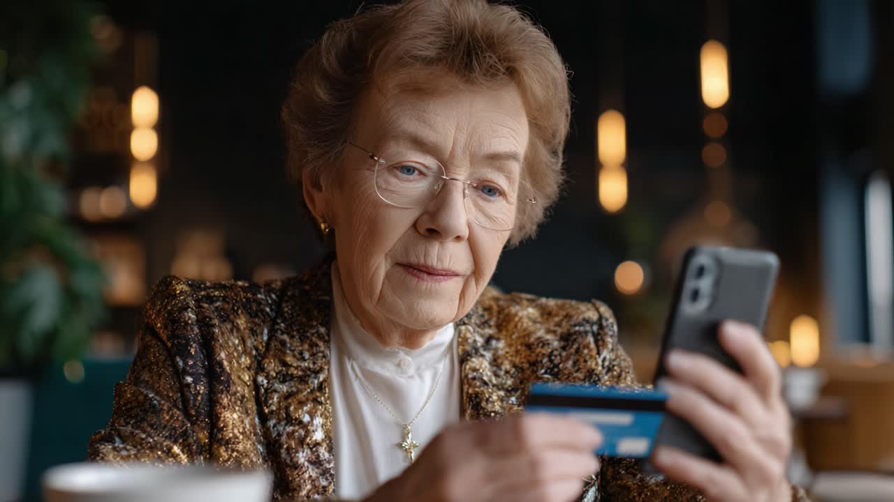 An elderly woman in an elegant outfit attentively engages with her smartphone while holding a credit card, showcasing the intersection of technology and daily life in modern society