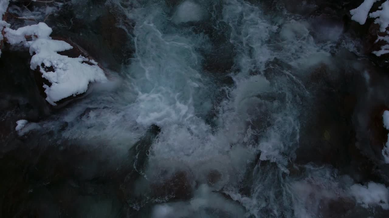 Creek with snow followed downstream close up