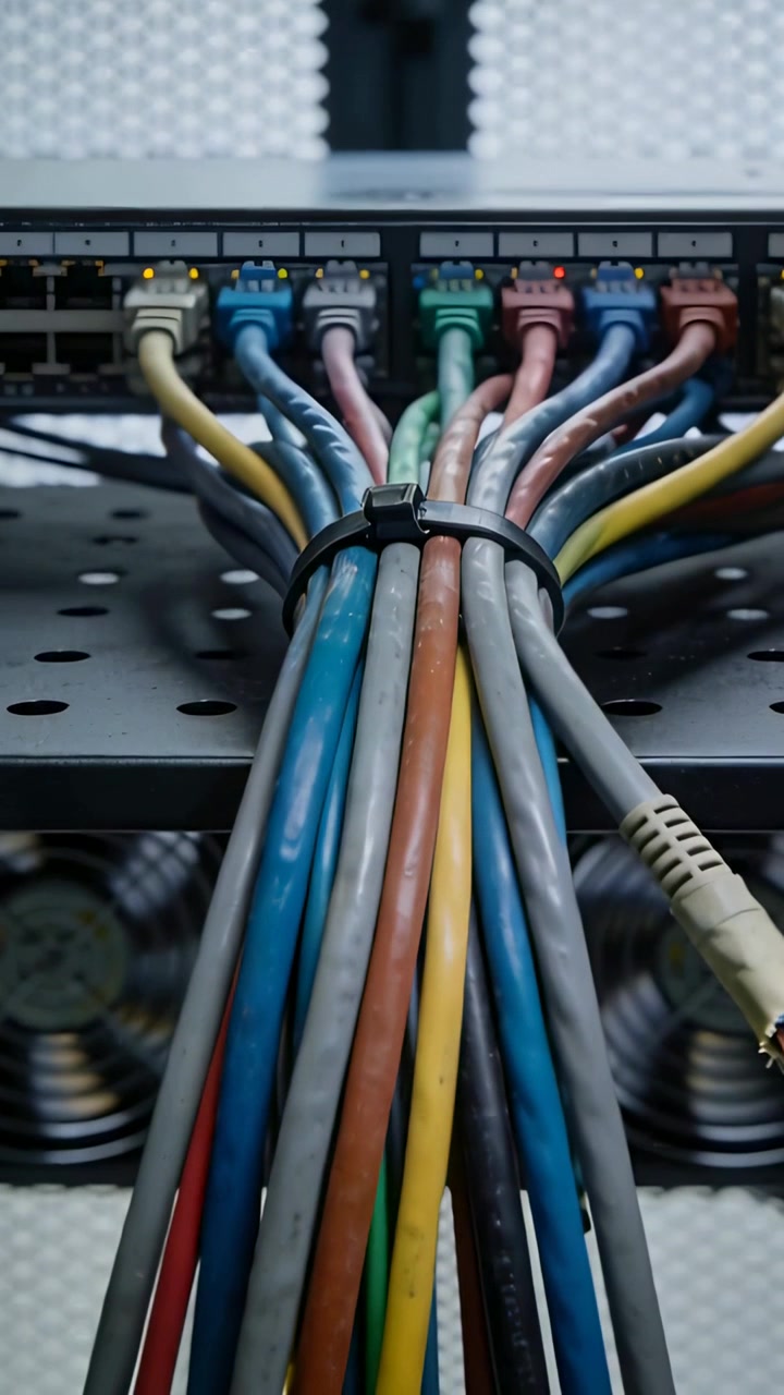 Vertical video: Camera panning, colored Ethernet bundle routing to patch panel with LEDs