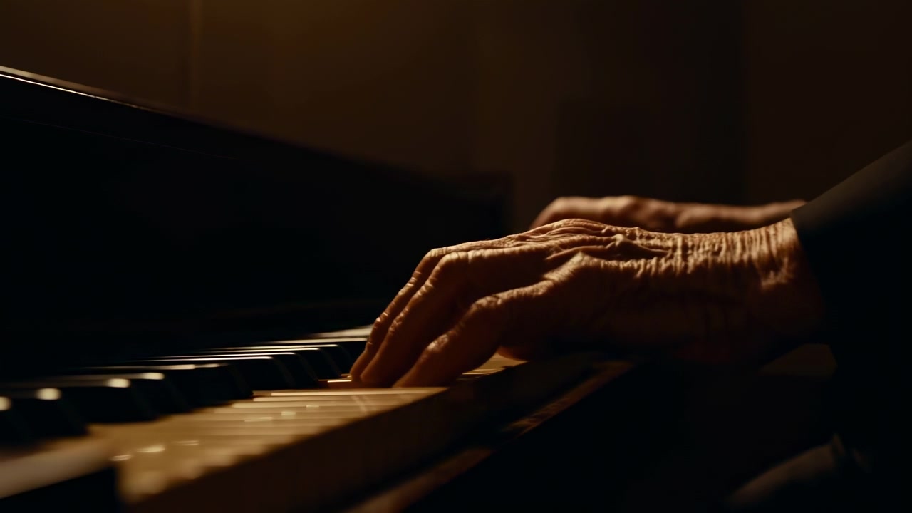 Vista ravvicinata di mani e avambracci anziani sulla tastiera di un pianoforte, dita curve che premono i tasti con un tocco controllato, riflessi tenui e un'atmosfera intima che trasmette una pratica musicale concentrata.