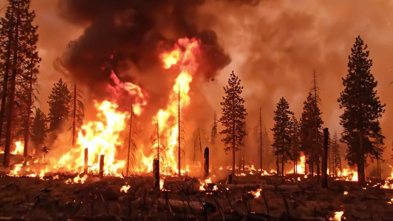 Incendio boschivo catastrofico: un incendio devastante consuma alberi e paesaggio, inviando denso fumo nero nel cielo mentre la natura affronta la distruzione