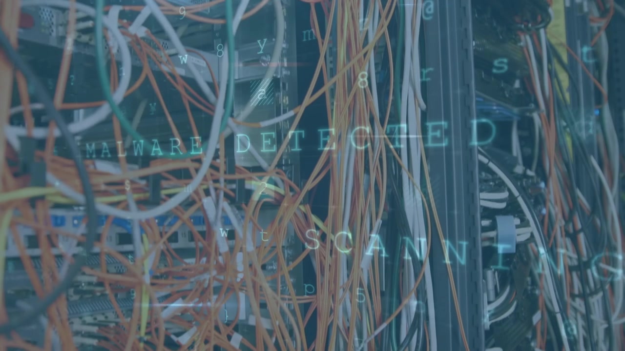 Animation of cyber attack warning over wires in server room
