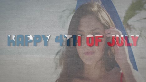 animación de feliz 4 de julio texto con patrón de bandera estadounidense sobre mujer con tabla de surf en la playa