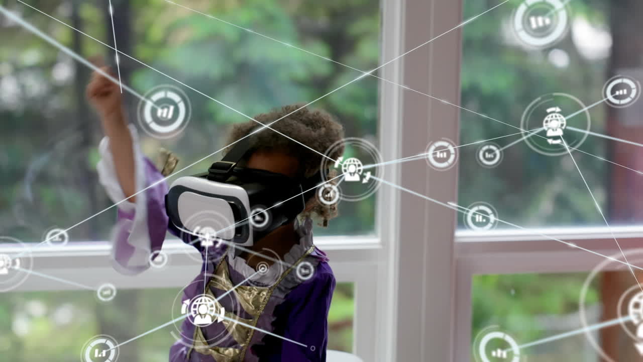 Animation of network of connections over biracial girl using vr headset