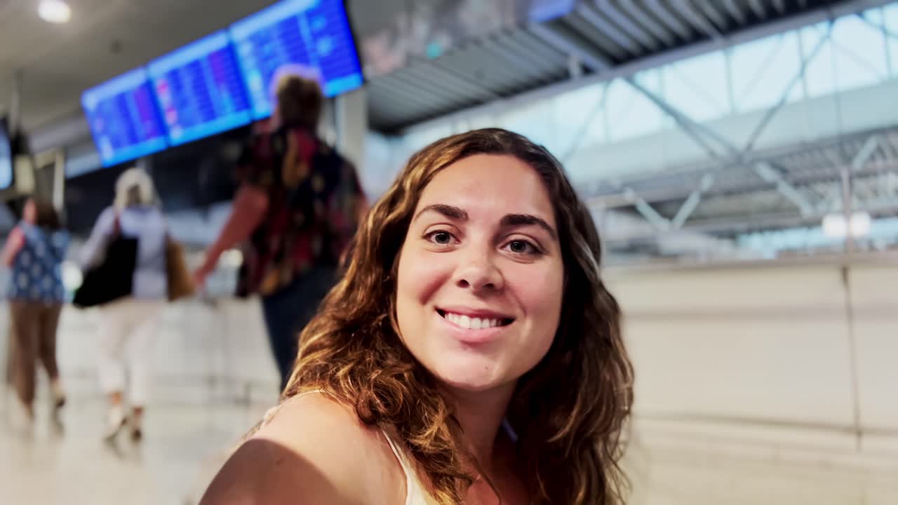 Woman at Airport, Smiling at Departure Board, Ready to Fly