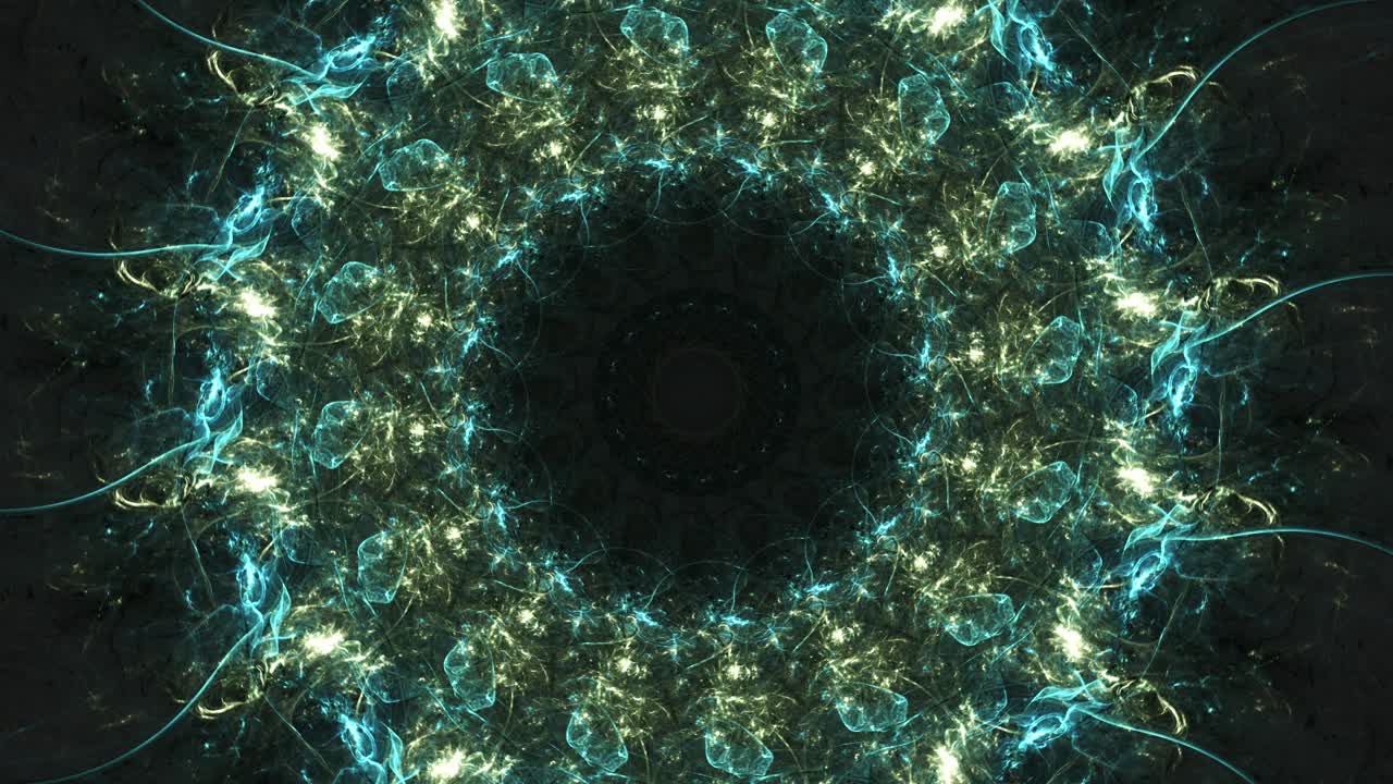 geometría intrincada, mandala de caleidoscopio, caos cósmico abstracto, vórtice de portal fractal verde y amarillo, fondo de bucle sin fisuras