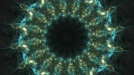 Komplizierte-Geometrie,-Kaleidoskop-Mandala,-Abstraktes-Kosmisches-Chaos,-Grüner-Und-Gelber-Fraktaler-Portalwirbel,-Nahtloser-Schleifenhintergrund