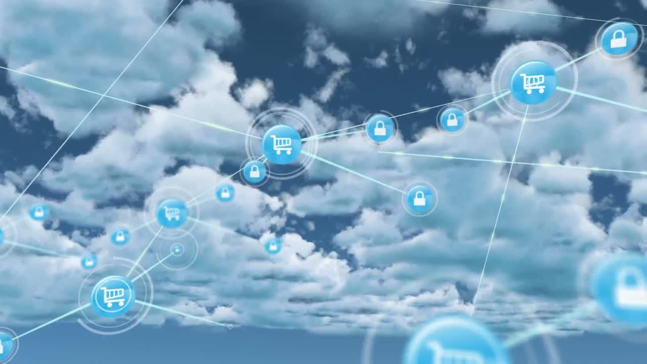 animación de redes de conexiones con iconos en el cielo