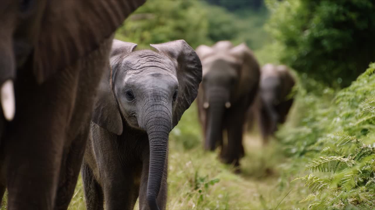 A Majestic Herd of Elephants Walking Through a Lush Green Path, Showcasing Their Graceful Movements and Close Family Bonds in the Heart of Nature, Captured in Stunning Detail