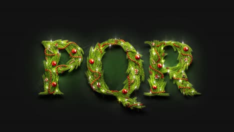 letras decorativas p q r, maqueta de fuente navideña en la oscuridad,
