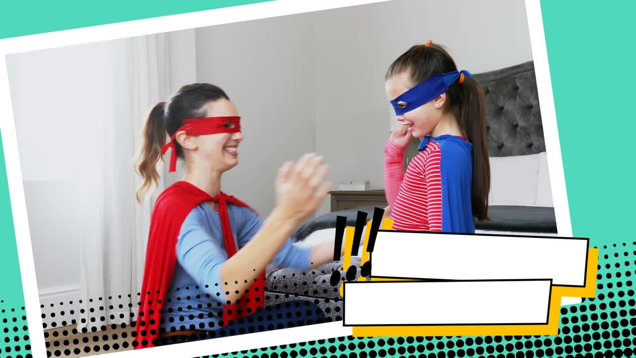 어머니가 딸의 슈퍼히어로 의상을 고치고 있습니다.