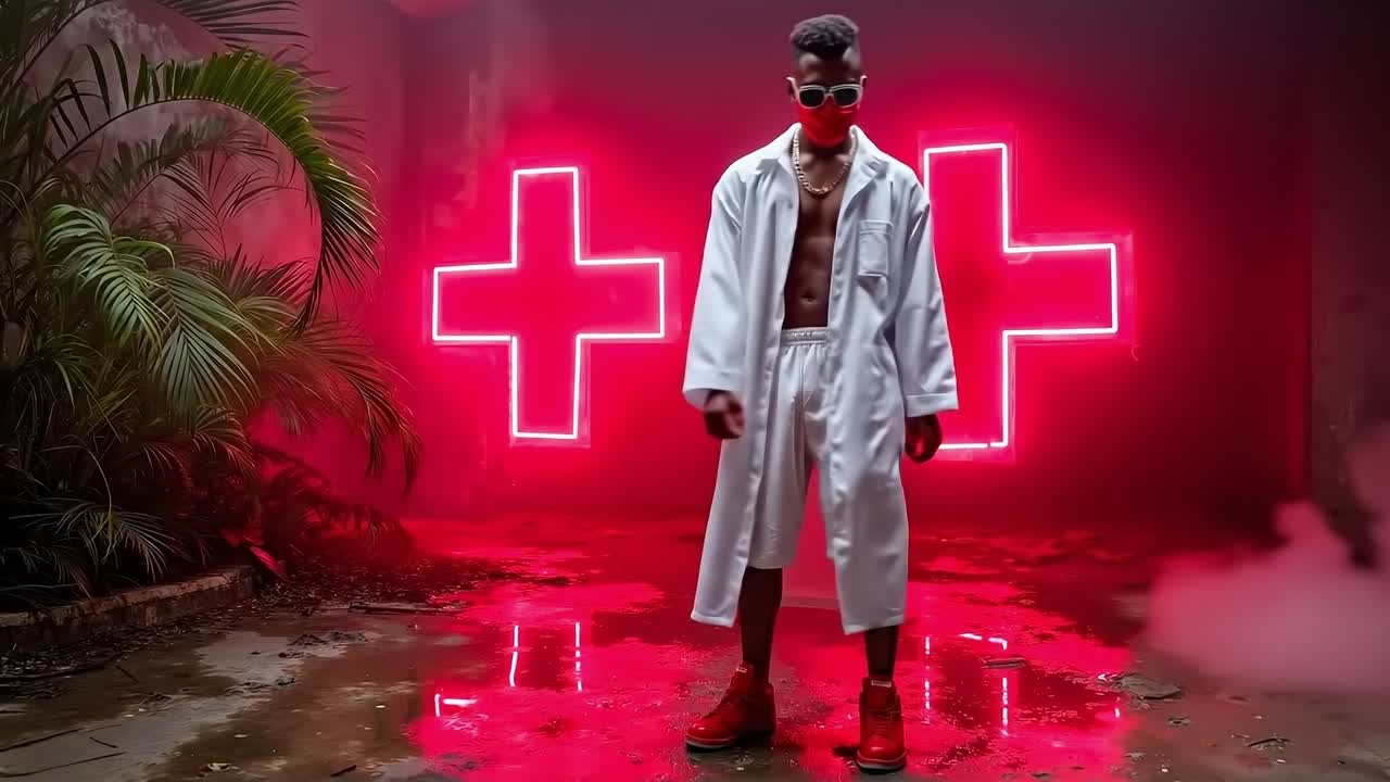 A man in a white lab coat standing in front of a red neon sign