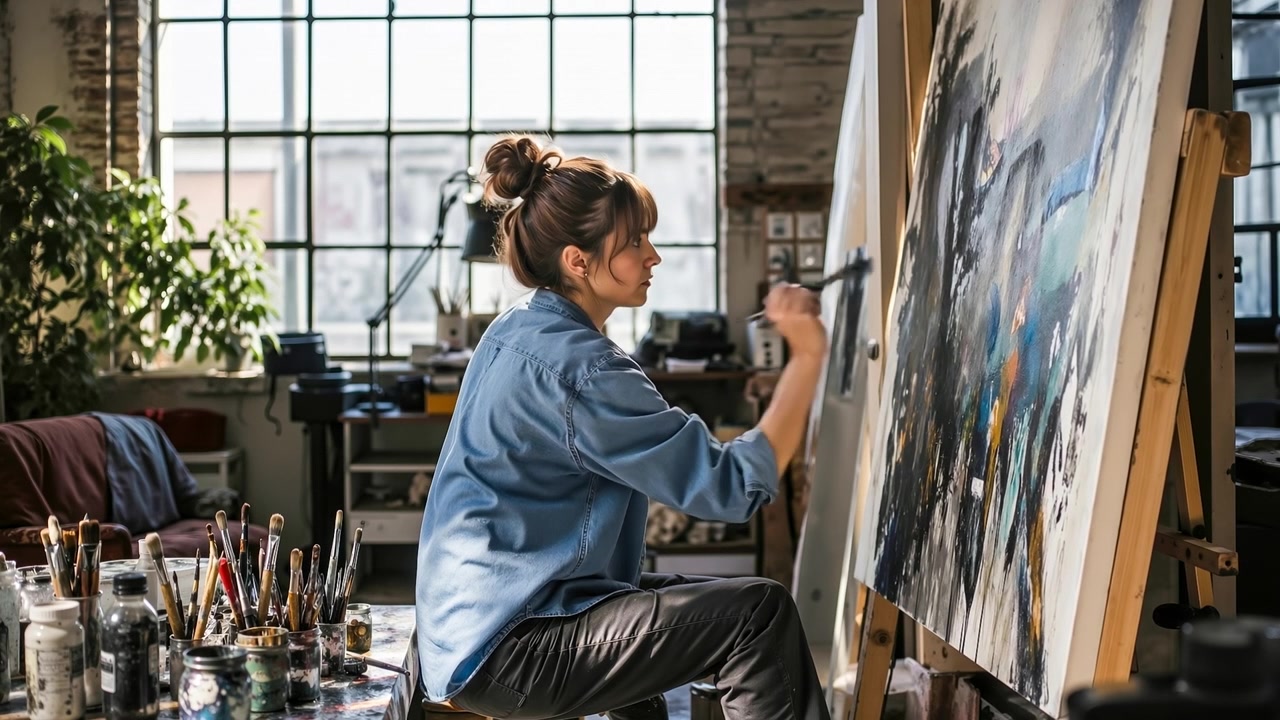Talentfuld kvindelig kunstner fokuseret på at male et stort abstrakt lærred i et lyst kreativt studie