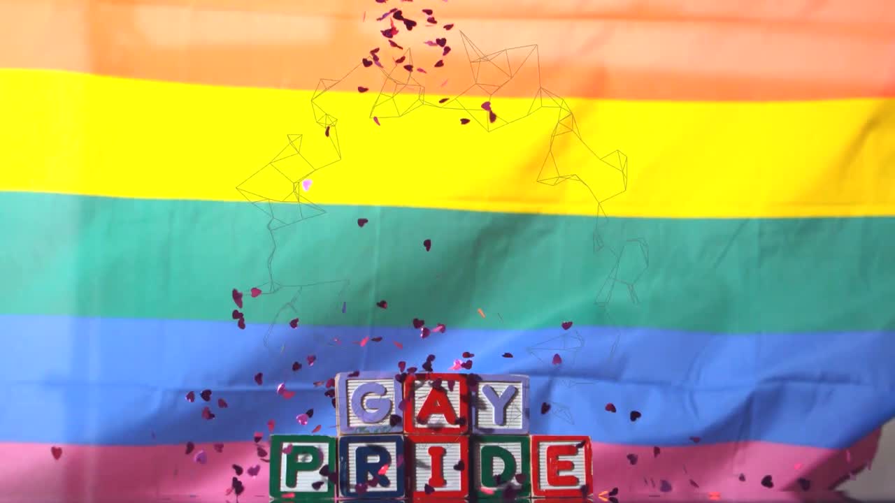 떨어지는 콘페티 무지개  ⁇ 발과 게이 프라이드 텍스트의 애니메이션