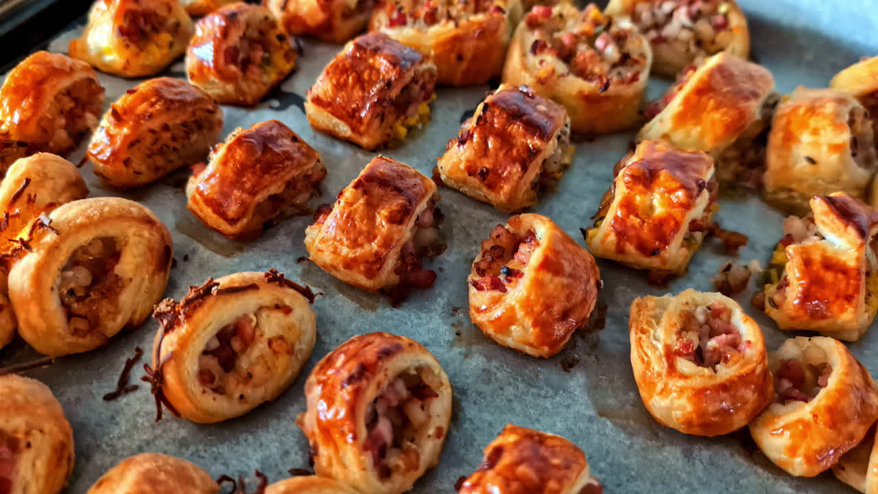 Close-up of baked pastry topped with fruit arranged in pattern, fresh and golden