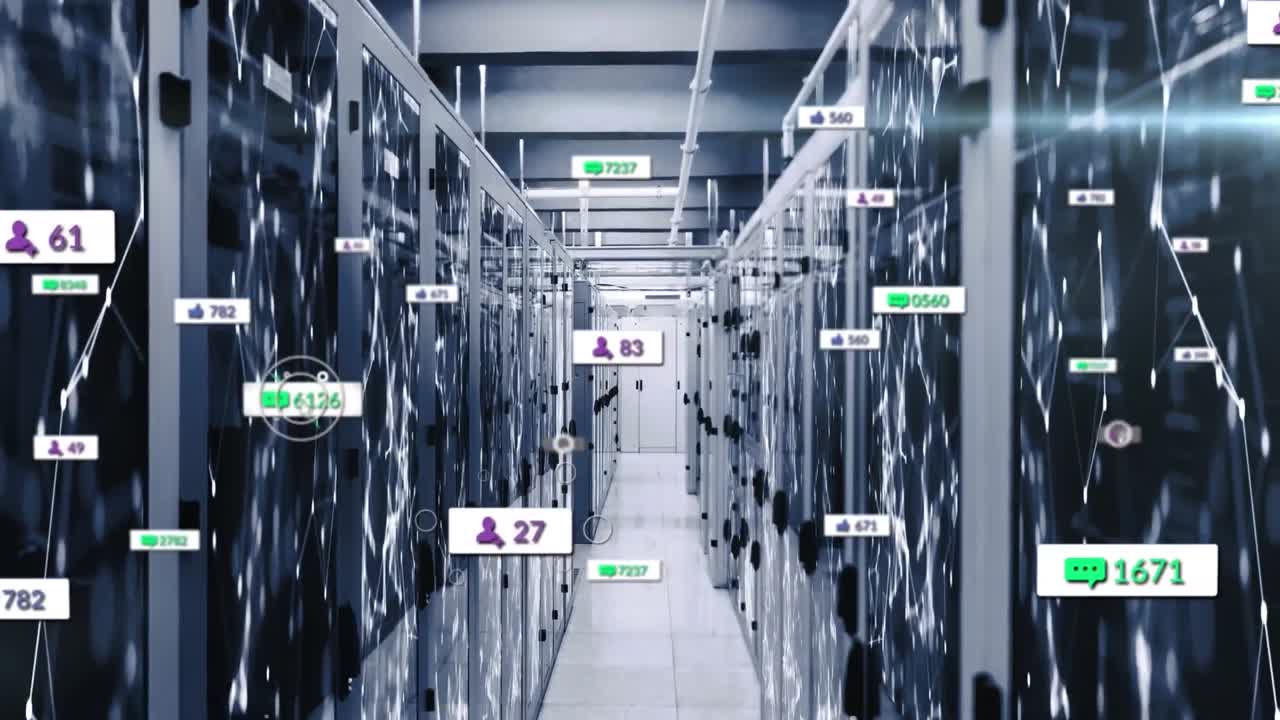 Animation of social media icons over server room