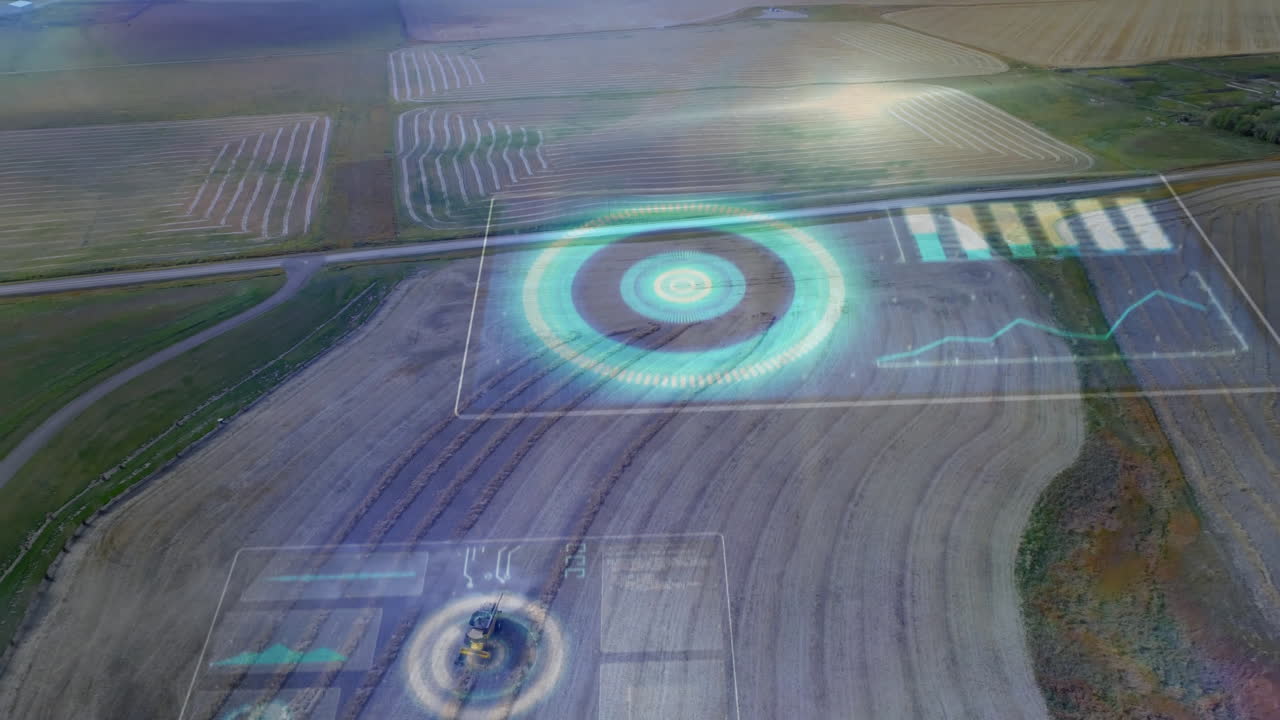 Combine harvester moving across curved harvest rows in 3D render, with digital HUD overlays