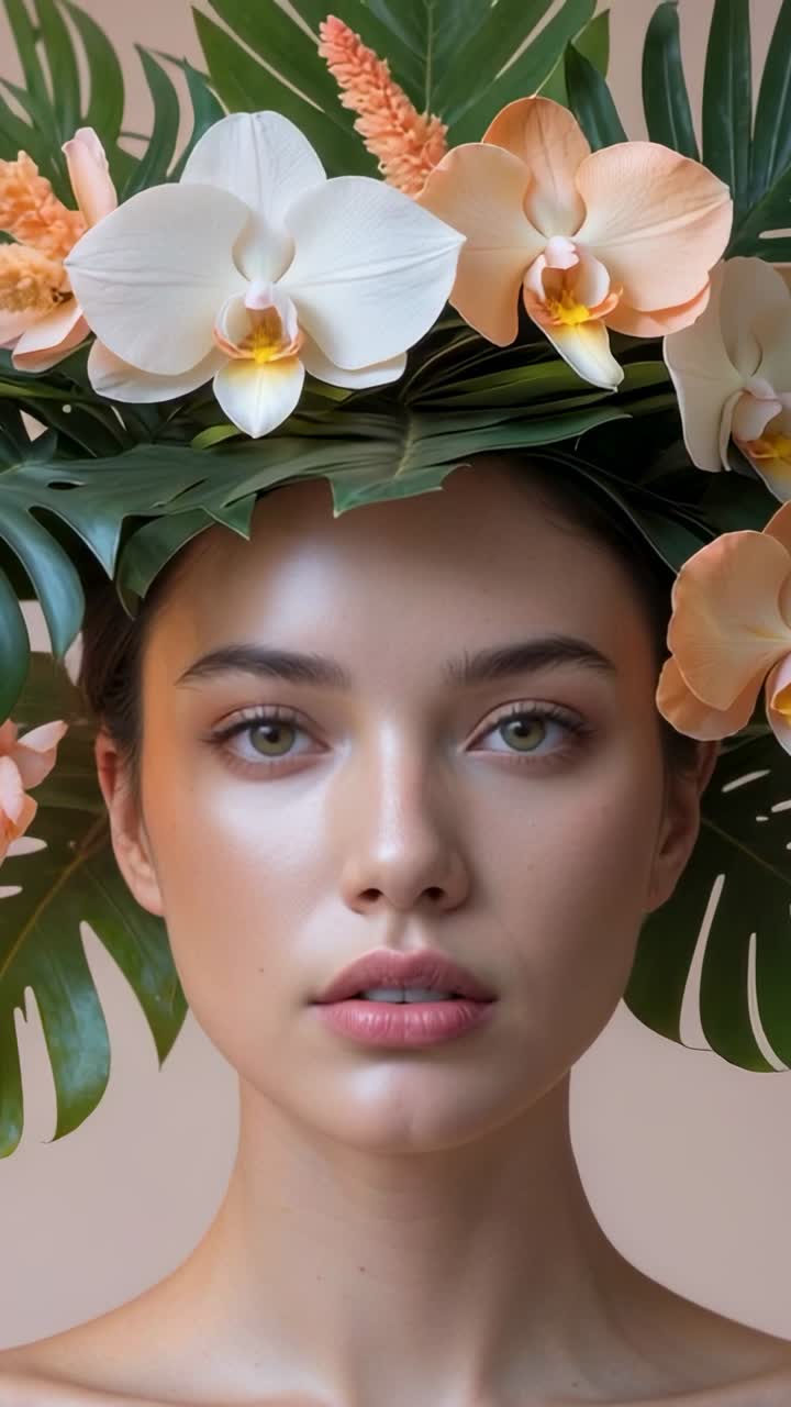 Vertical video: Recording model blinking shifting gaze in studio to showcase floral headdress