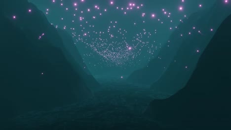 아름다운 자연 환경의 4k 영상 애니메이션으로 핑크색 빛나는 입자와 네온 직사각형이 강에서 나옵니다.