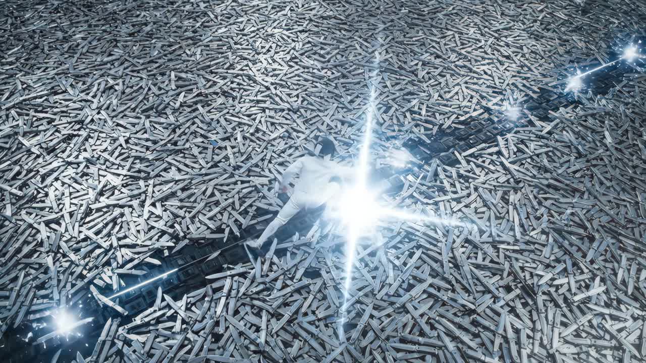 Person Navigating a Dangerous Field of Glowing Knives