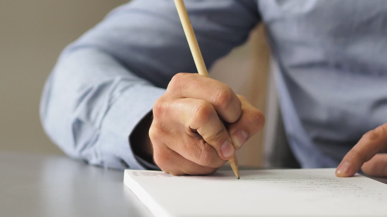 Close up shot of man hands noting something in the note book while working in the modern office