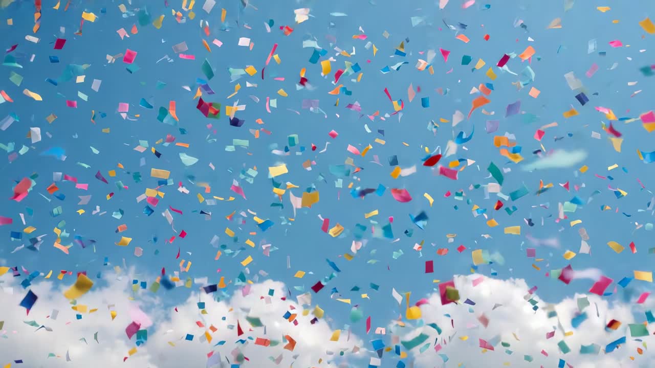 Shower starting, colorful rectangular confetti drifting down over blue sky, showing white clouds