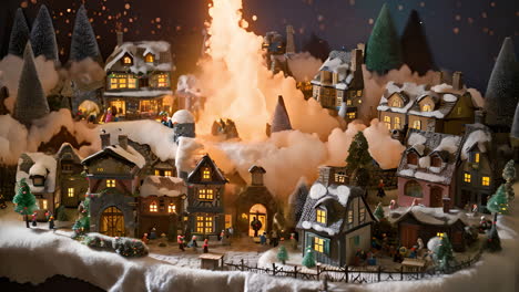 a festive christmas village illuminated with lights and decorated with trees
