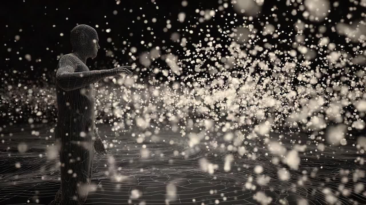 Digital wireframe figure standing in a virtual reality environment and interacting with a cloud of glowing particles. Representing concepts like data transfer. Artificial intelligence. And metaverse