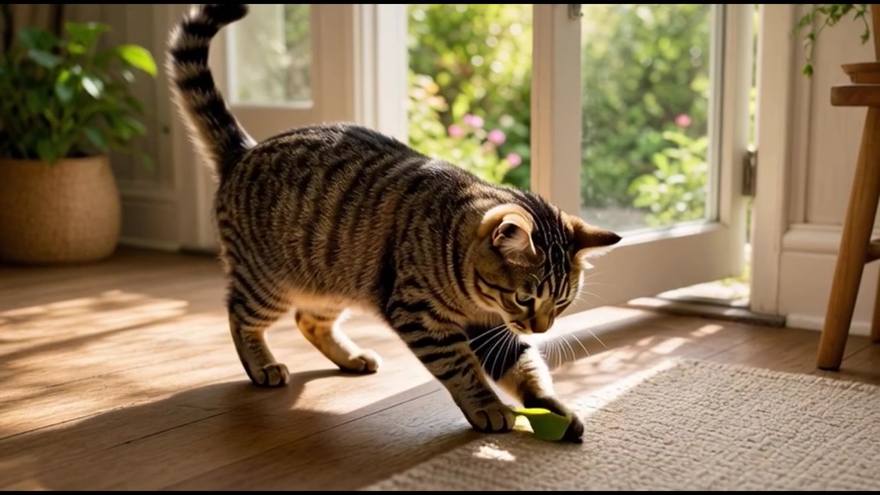 Gato Rajado Brincando com uma Folha Verde em um Chão Ensolarado