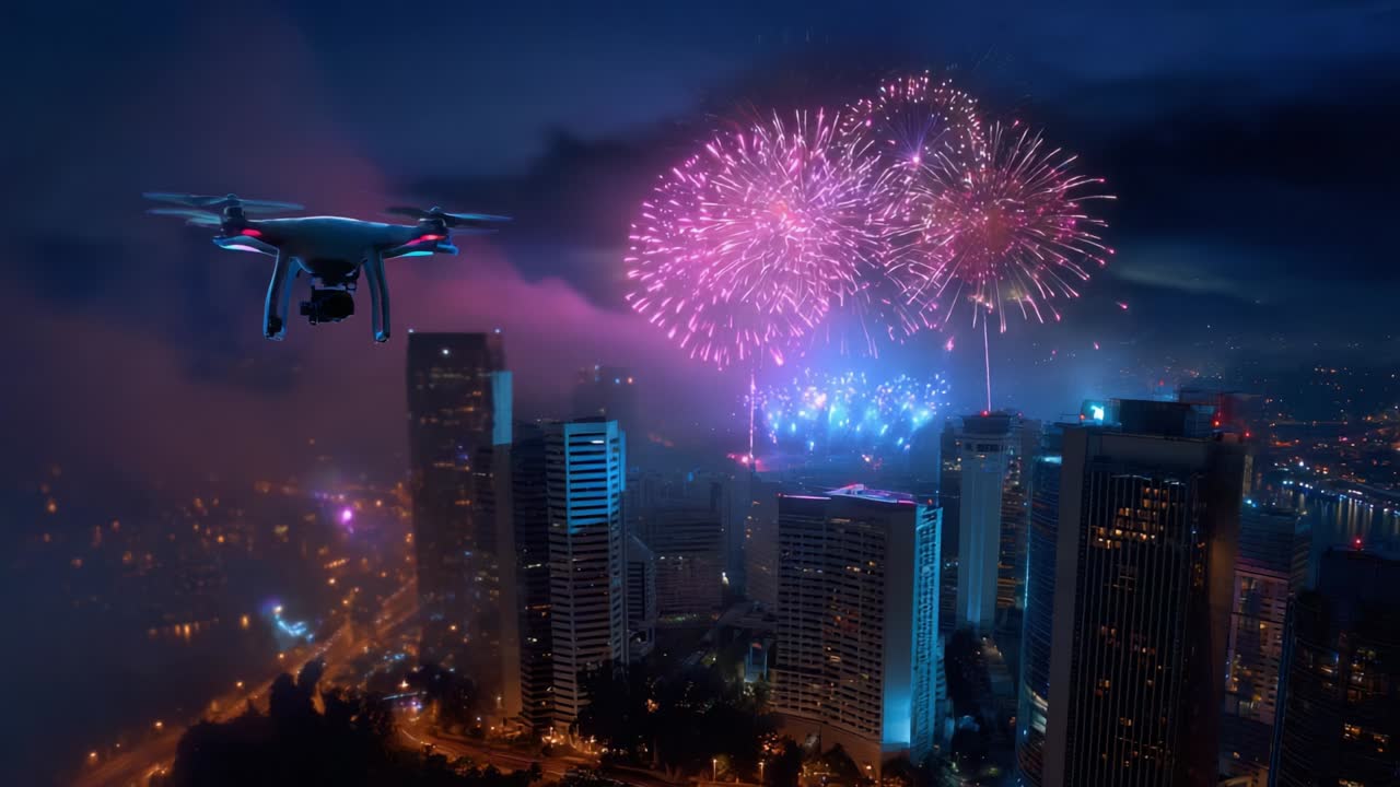 A Breathtaking Aerial View of a Spectacular Fireworks Display Illuminating the Night Sky Above a Vibrant City, Captured by a Drone in Motion Amidst Dazzling Colors and Stunning Lasers