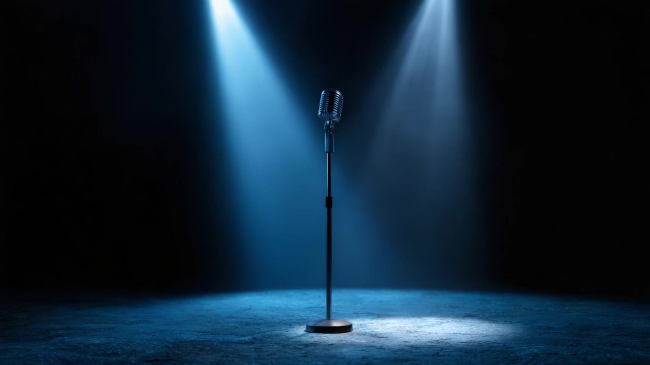 Un microfono vintage si erge solitario su un palco buio, illuminato da riflettori drammatici, creando un'atmosfera di attesa ed eccitazione per una performance.