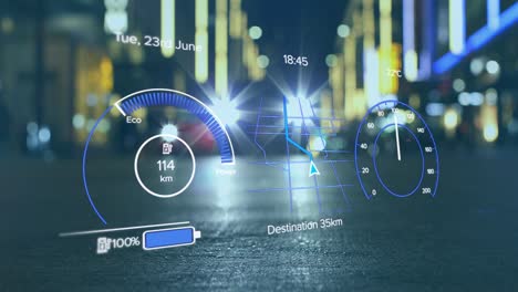 Animation-Der-Datenverarbeitung-Des-Elektroauto-Tachometers-über-Der-Stadt