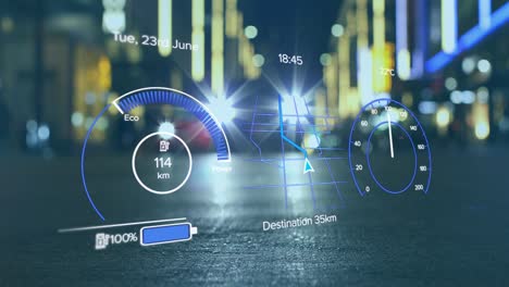 animación del procesamiento de datos del velocímetro de coches eléctricos sobre la ciudad