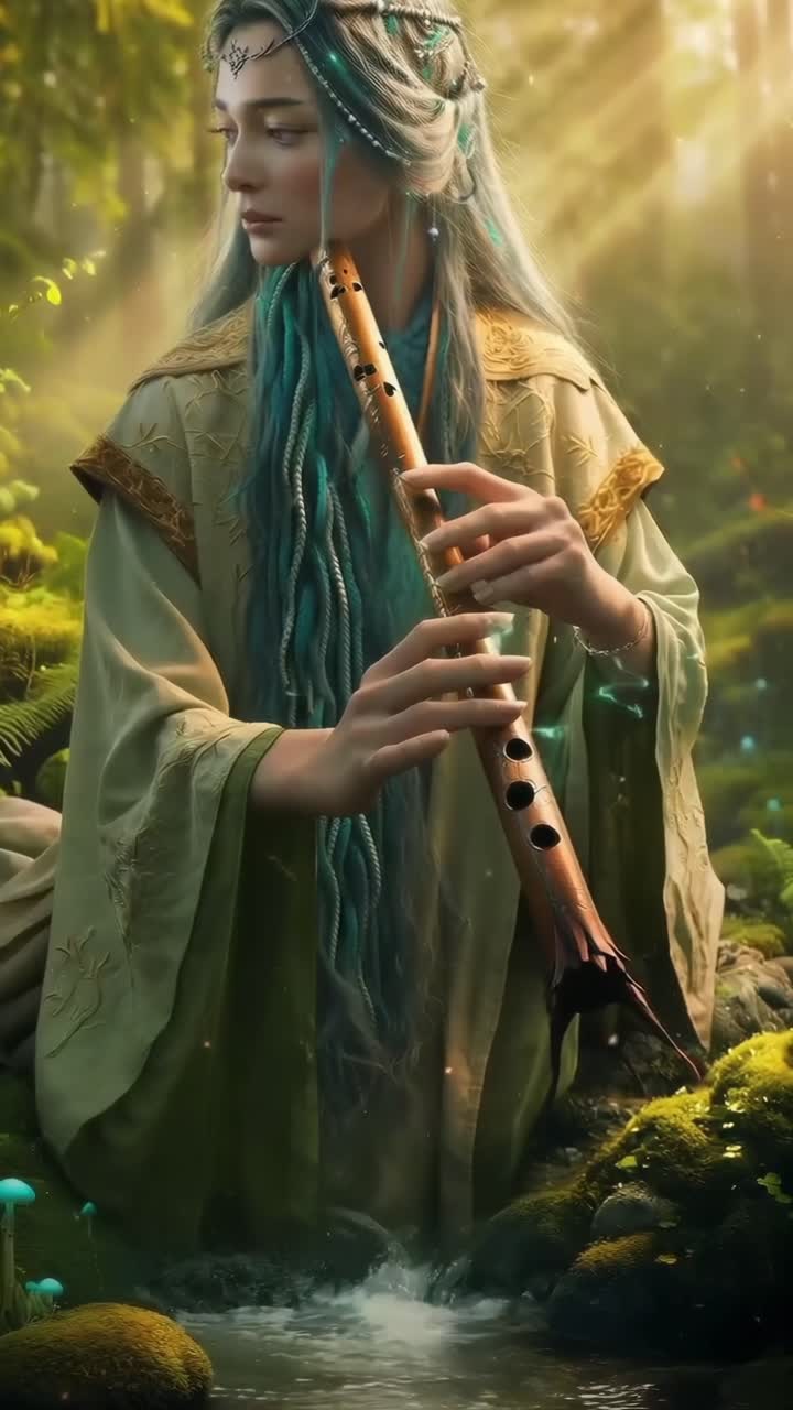 Una scena mistica in una foresta con una donna che suona un flauto, ripresa con un'angolazione video cinematografica.