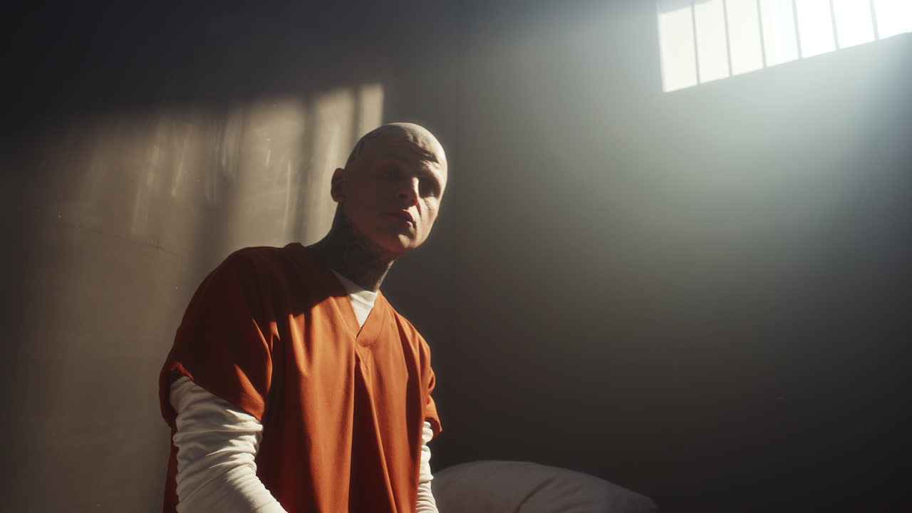 Portrait of Tattooed Inmate Sitting in Prison Cell under Barred Window