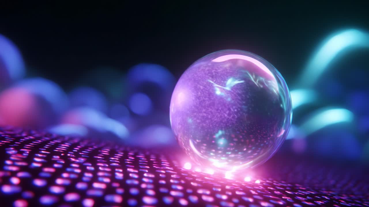 A Mesmerizing Close-Up of a Colorful Bubble on a Shimmering Surface Surrounded by Ethereal Luminescent Shapes, Capturing the Intricate Dance of Light and Texture in a Dreamlike Atmosphere