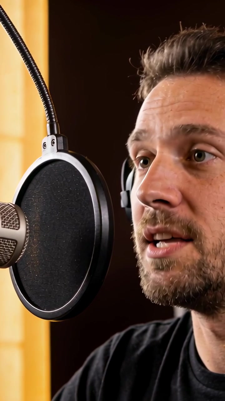 Vertical video: Recording starting, host speaking into mic in studio for podcast, gesturing