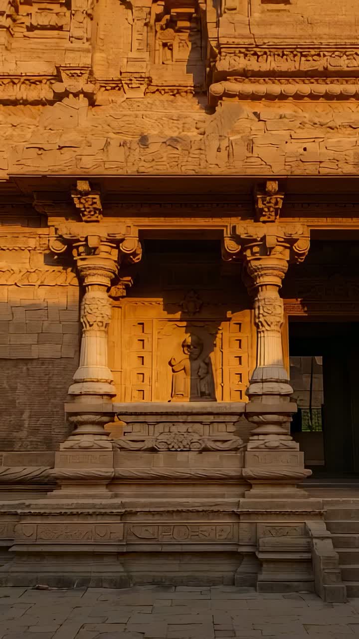 Vertical video: Shadows lengthening across temple facade revealing deity niche flanked by columns