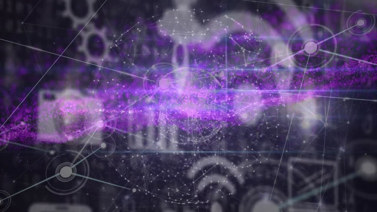 animación de la red de conexiones con íconos y senderos de luz sobre fondo negro